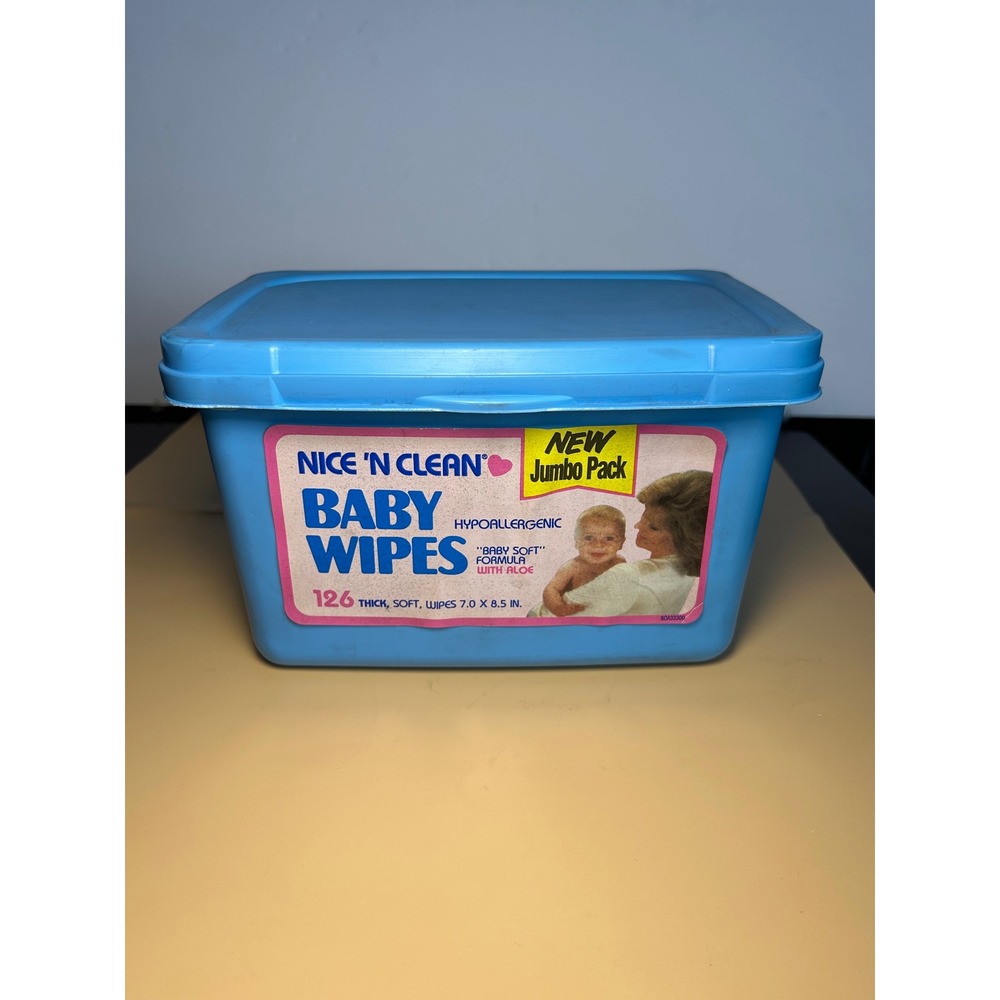 Vintage Nice N Clean Baby Wipes Blue Plastic Container Empty Jumbo Pack Tub 90s
